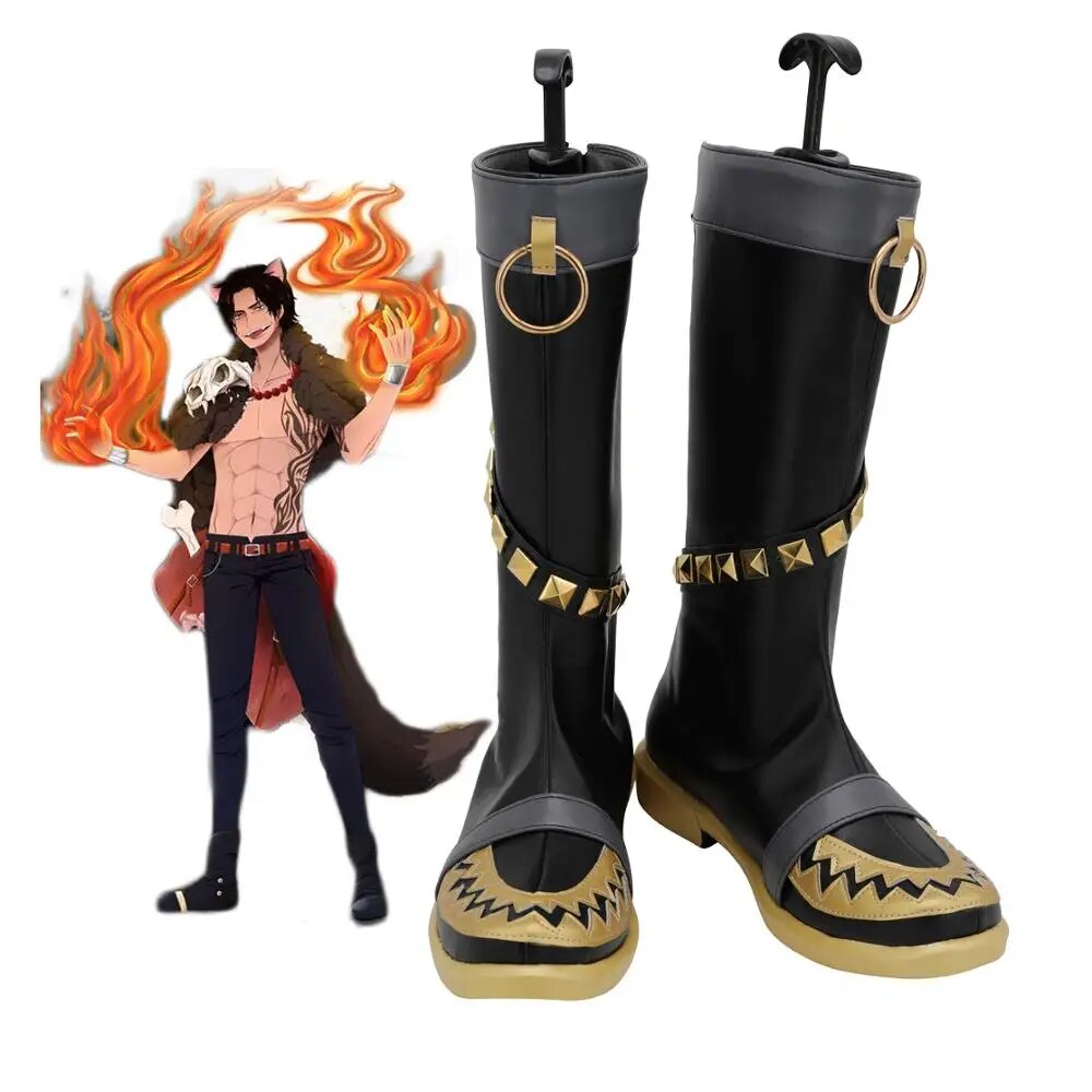 One Piece Halloween Portgas D. Ace Cosplay Boots Black Leather Shoes Custom Made Any Size for Unisex