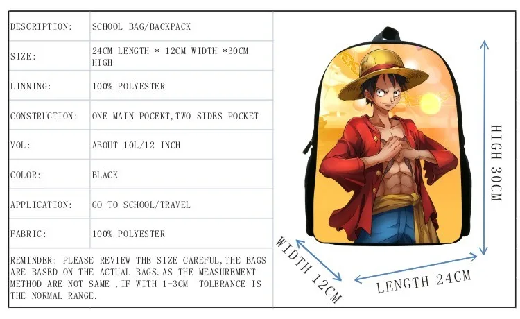 One Piece Luffy Backpack Bag for kids 12Inch