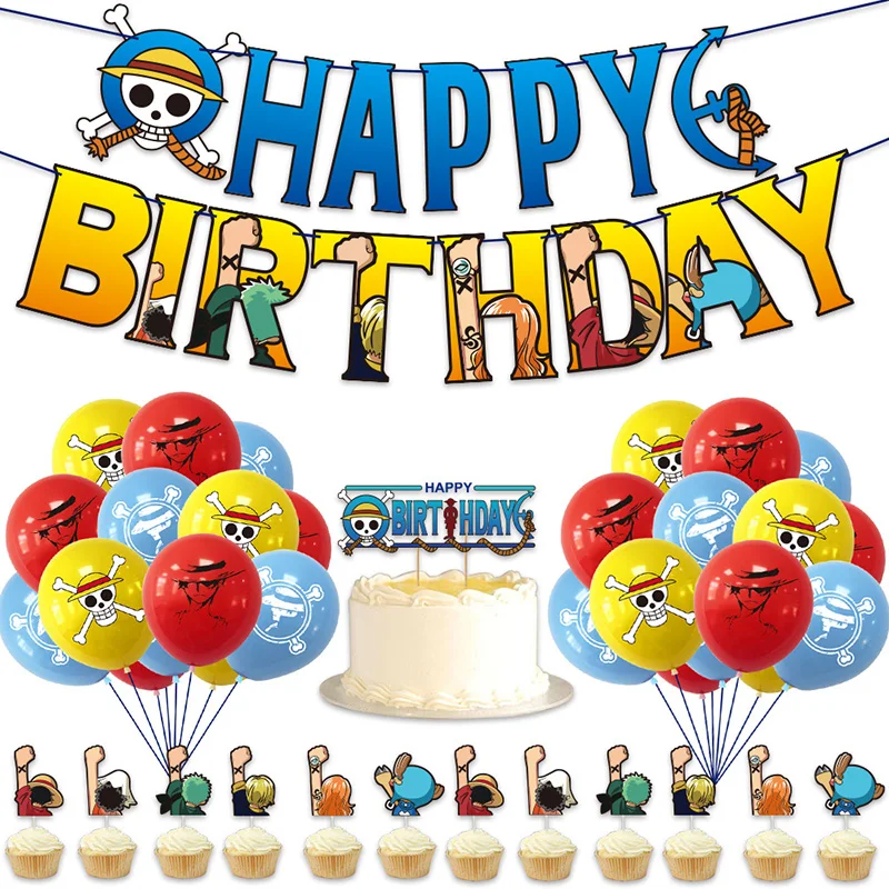 One Piece Luffy Balloon Banner Cake Toppers Birthday Decorations