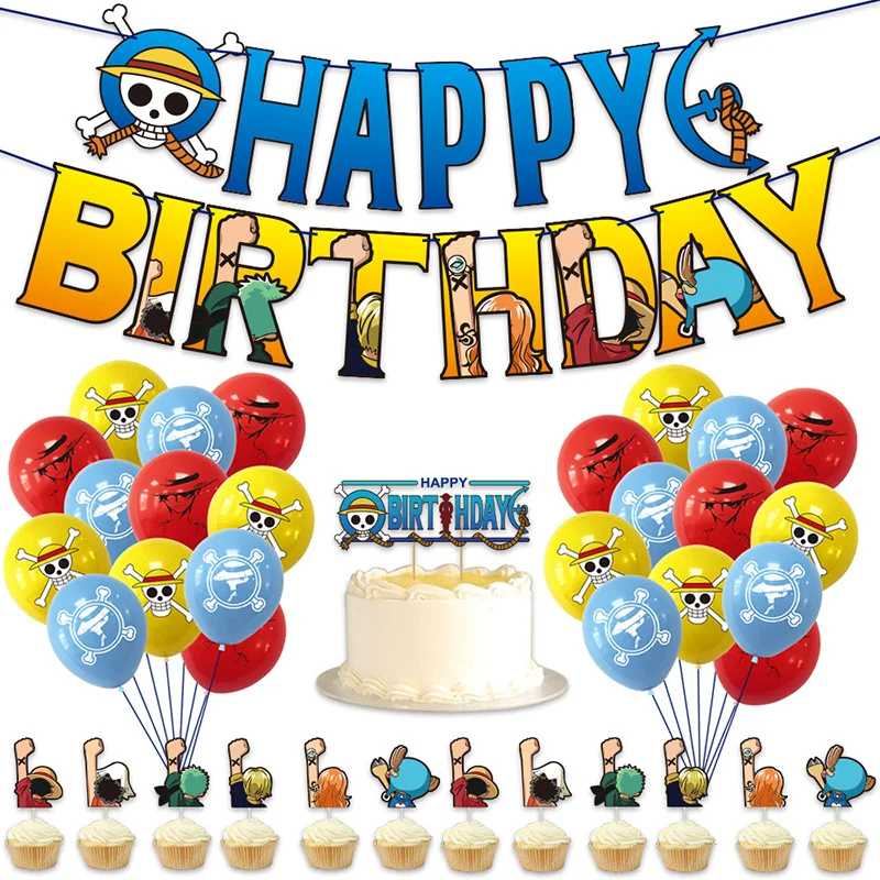 One Piece Luffy Balloon Banner Cake Toppers Birthday Decorations