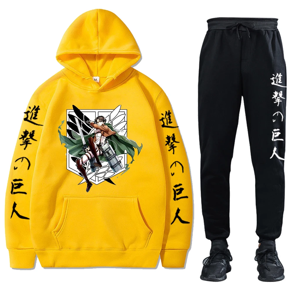 Anime Attack on Titan Fleece Tracksuits Hoodies and Pants Two Pieces Set Autumn Winter Hooede Sweatshirt Solid Color Suits