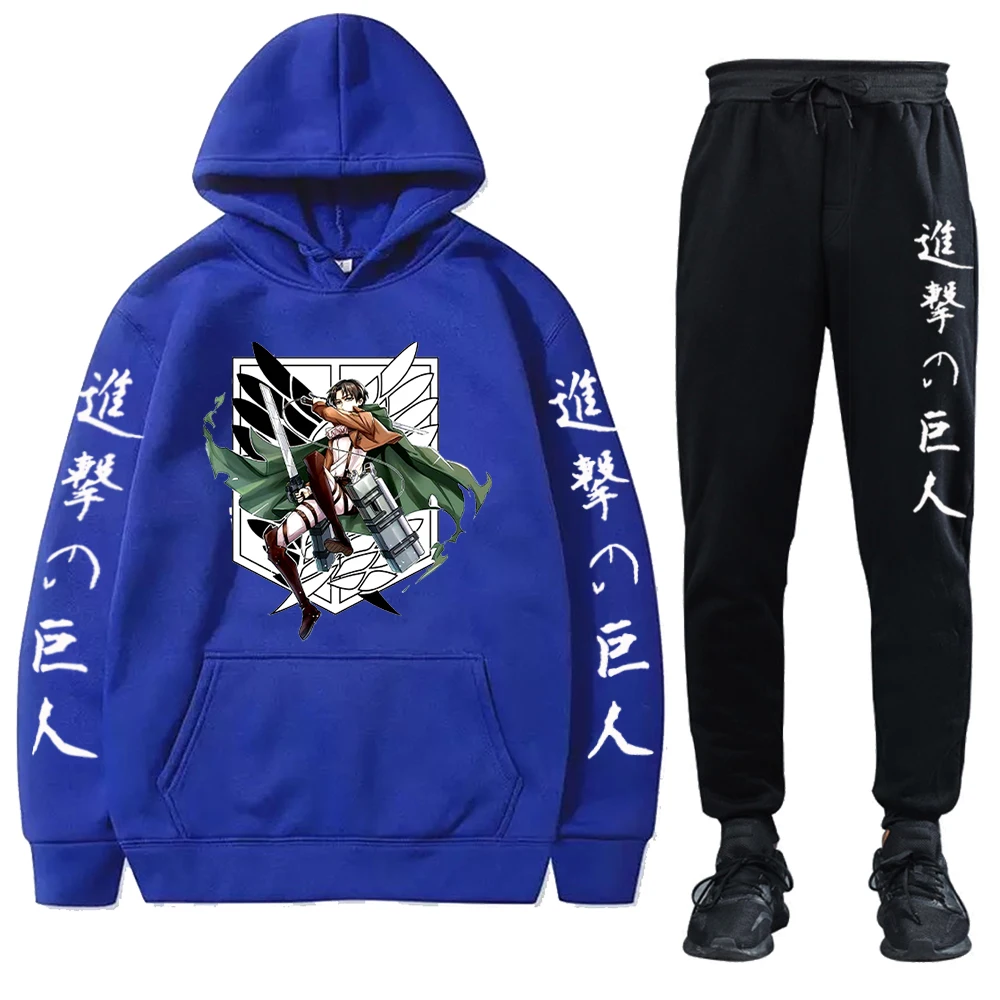 Anime Attack on Titan Fleece Tracksuits Hoodies and Pants Two Pieces Set Autumn Winter Hooede Sweatshirt Solid Color Suits