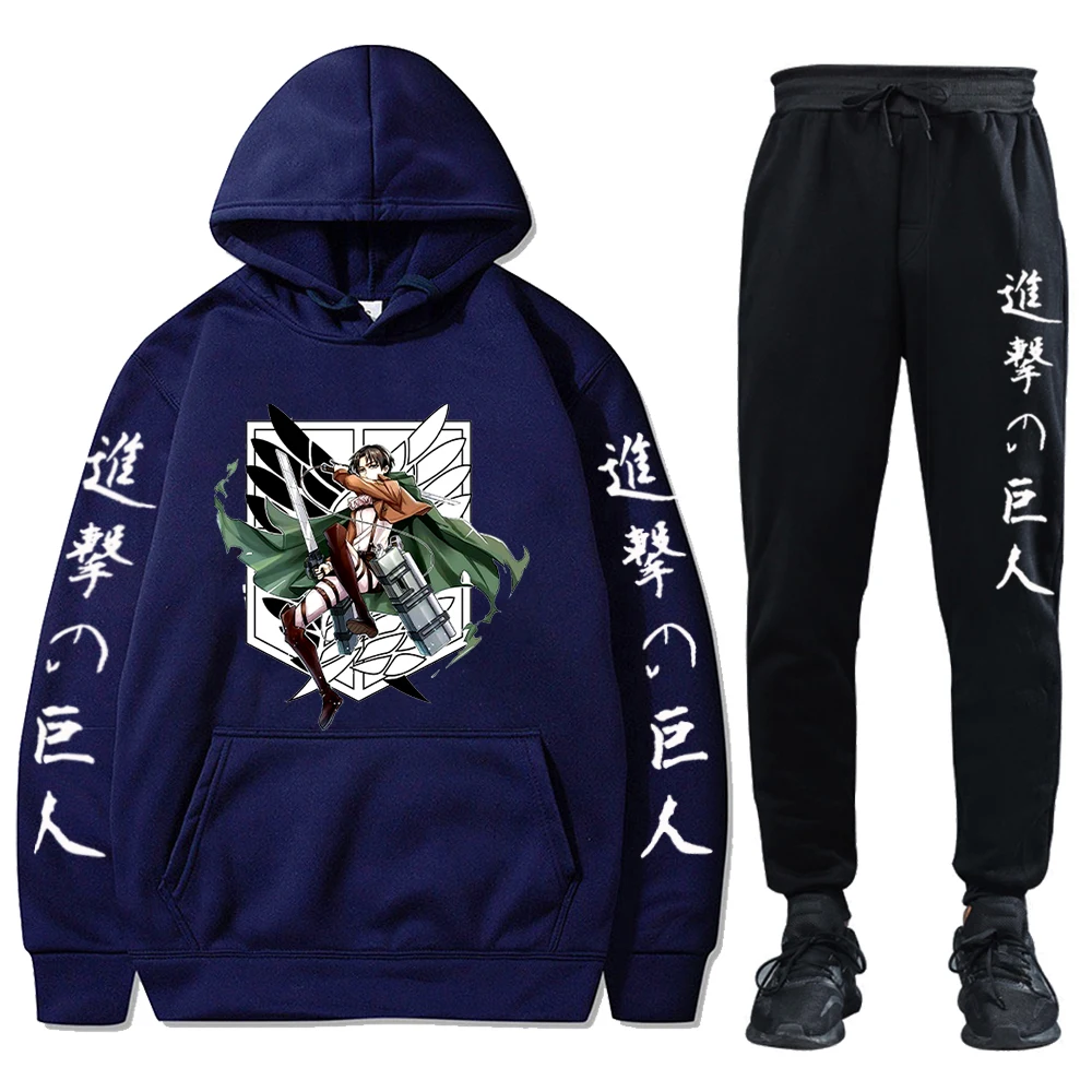 Anime Attack on Titan Fleece Tracksuits Hoodies and Pants Two Pieces Set Autumn Winter Hooede Sweatshirt Solid Color Suits