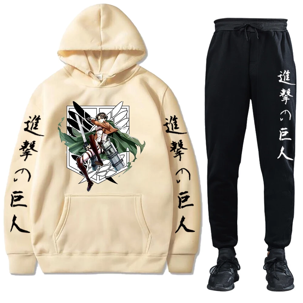 Anime Attack on Titan Fleece Tracksuits Hoodies and Pants Two Pieces Set Autumn Winter Hooede Sweatshirt Solid Color Suits