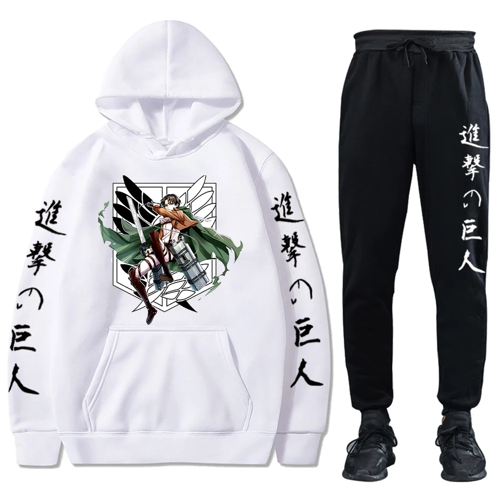 Anime Attack on Titan Fleece Tracksuits Hoodies and Pants Two Pieces Set Autumn Winter Hooede Sweatshirt Solid Color Suits