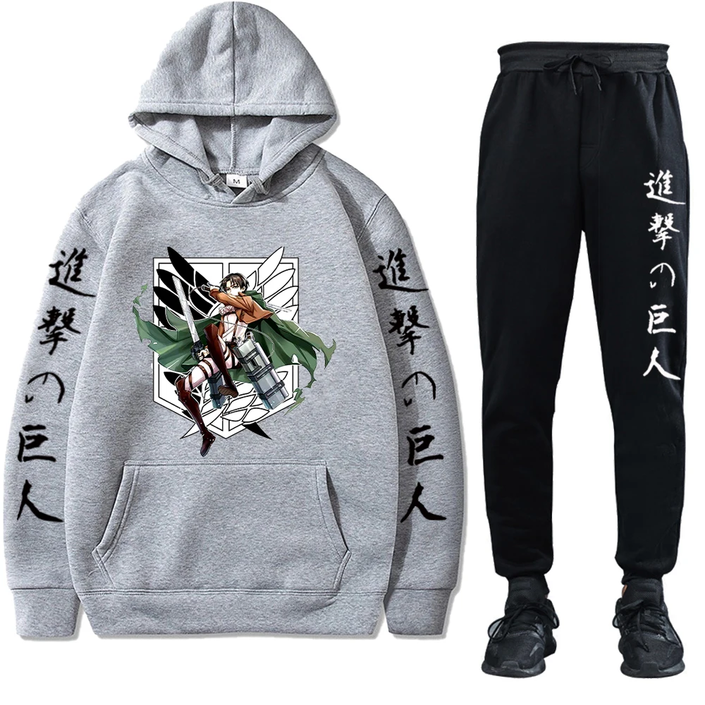 Anime Attack on Titan Fleece Tracksuits Hoodies and Pants Two Pieces Set Autumn Winter Hooede Sweatshirt Solid Color Suits