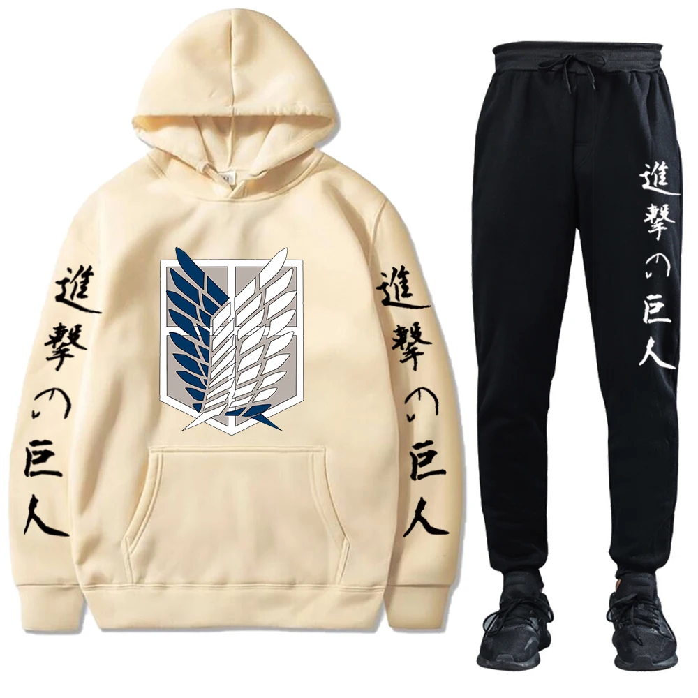 Unisex Anime Attack on Titan Tracksuits Two Pieces Set Hoodies and Pants Autumn Winter Sweatshirt Solid Color Jogging Suits