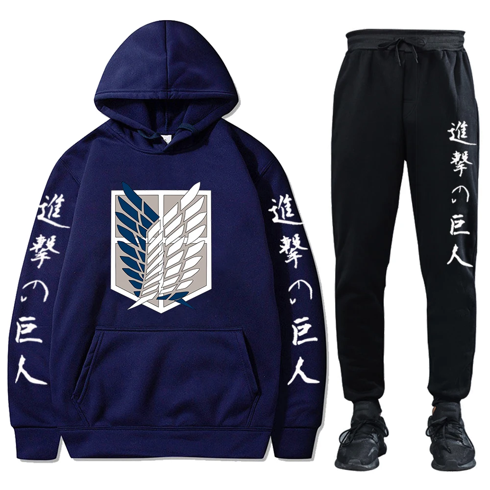 Unisex Anime Attack on Titan Tracksuits Two Pieces Set Hoodies and Pants Autumn Winter Sweatshirt Solid Color Jogging Suits