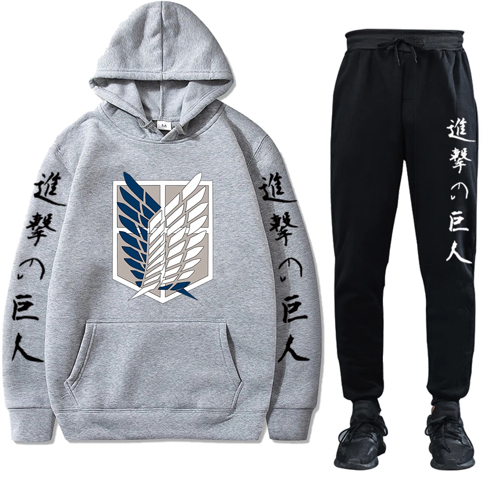 Unisex Anime Attack on Titan Tracksuits Two Pieces Set Hoodies and Pants Autumn Winter Sweatshirt Solid Color Jogging Suits