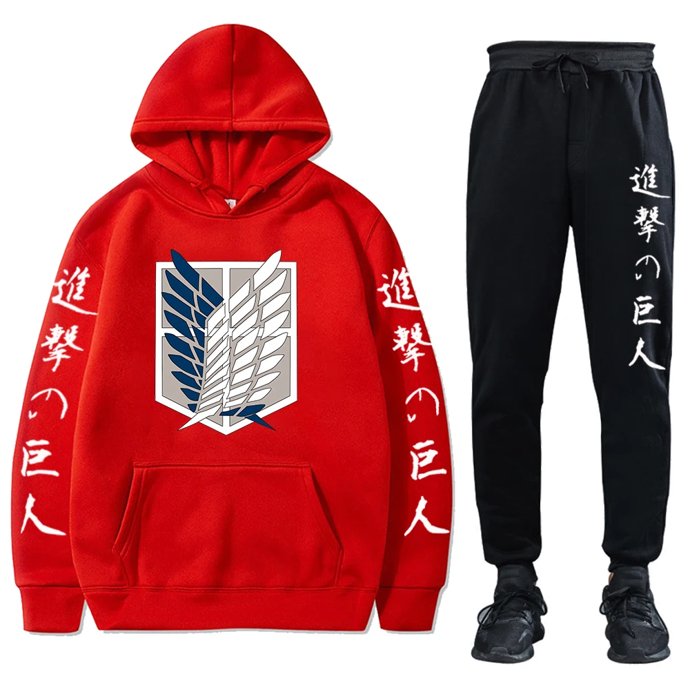 Unisex Anime Attack on Titan Tracksuits Two Pieces Set Hoodies and Pants Autumn Winter Sweatshirt Solid Color Jogging Suits