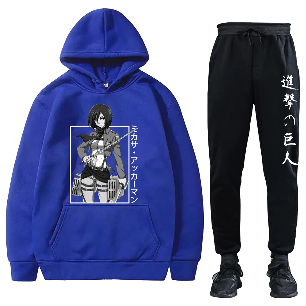 Attack on Titan Men Tracksuit Mikasa Ackerman Hoodie and Sweatpants Autumn And Winter Long Sleeve Loose Pullover Sweatshirt