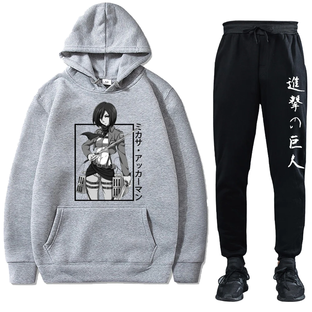 Attack on Titan Men Tracksuit Mikasa Ackerman Hoodie and Sweatpants Autumn And Winter Long Sleeve Loose Pullover Sweatshirt