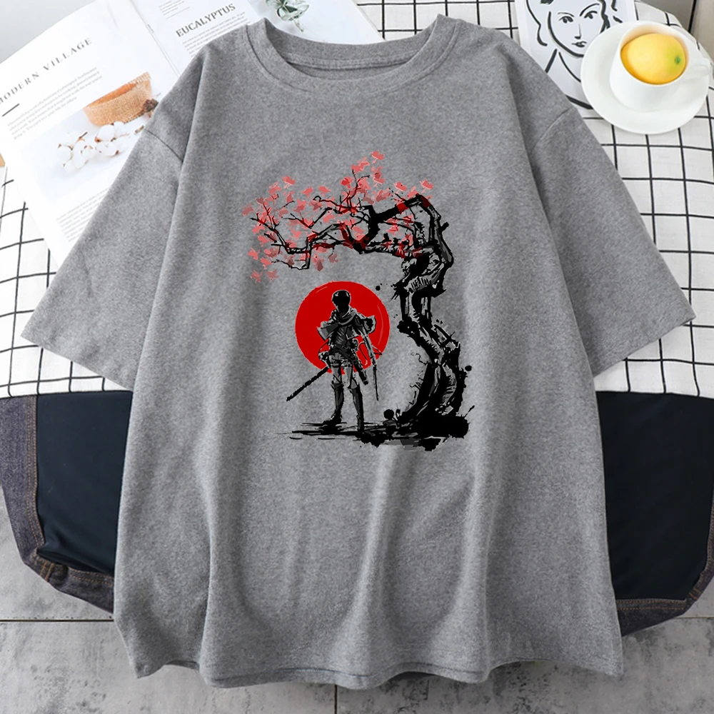 Attack On Titan Anime Printing T-Shirts Female Fashion Simplicity Tshirt Retro Crew Neck Clothes Aesthetic Crew Neck T Shirt