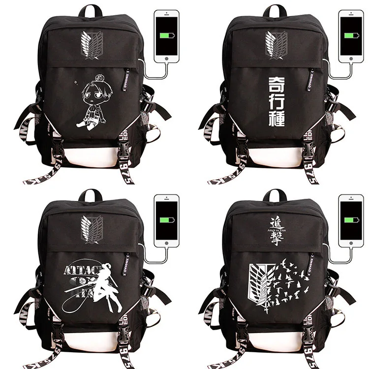 Attack on Titan COS Backpack USB Charge Backpacks Fashion Nylon Travel Laptop Bag Anime School Bag For Teenagers Boys Girls