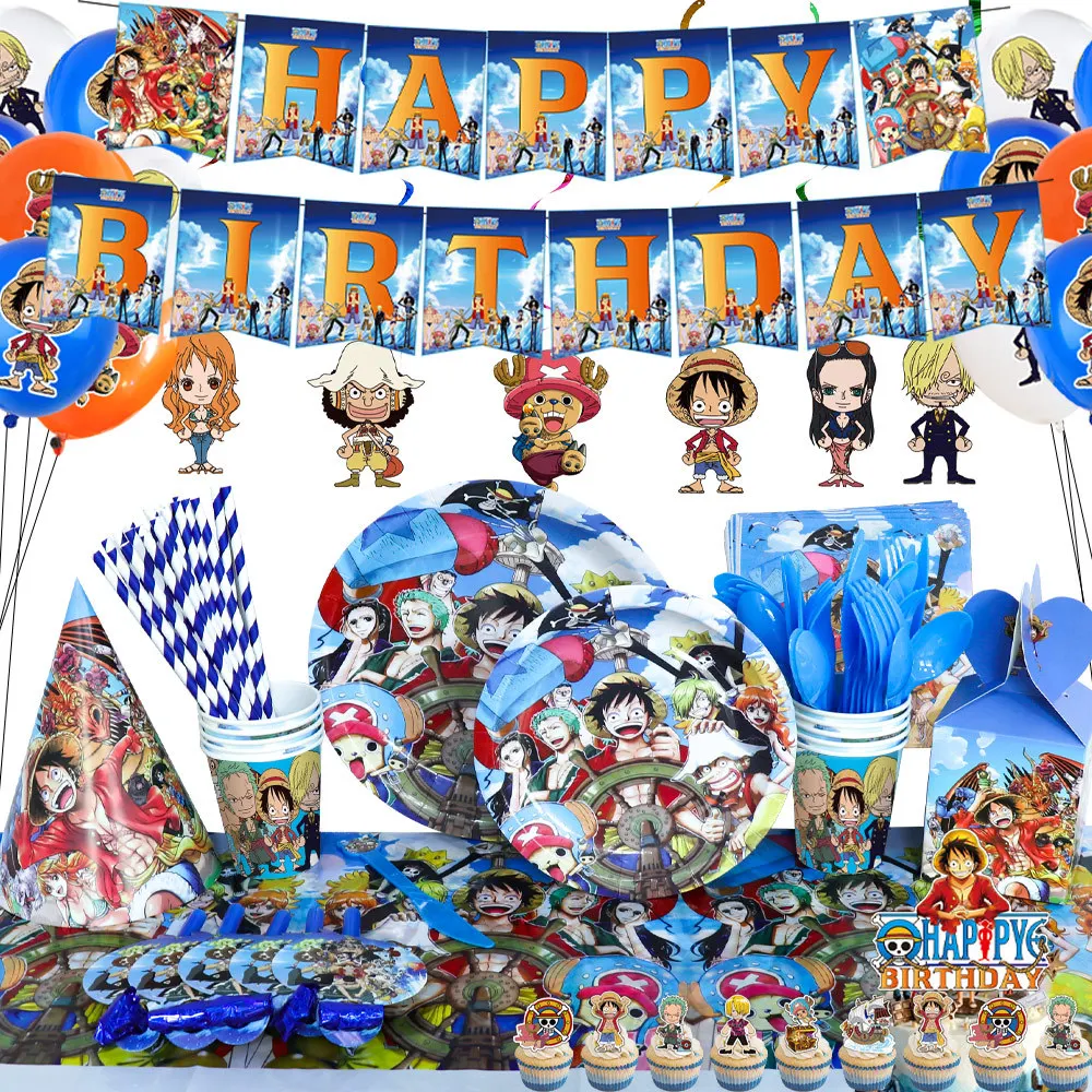 ONE PIECE Party Tableware Luffy Pltae Cup Balloon Banner Cake Topper Boy Birthday