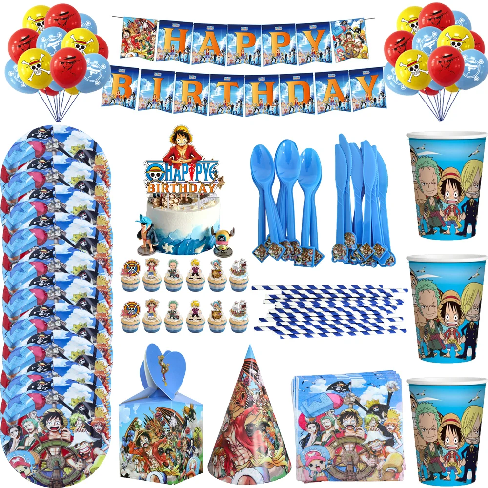 ONE PIECE Party Tableware Luffy Pltae Cup Balloon Banner Cake Topper Boy Birthday