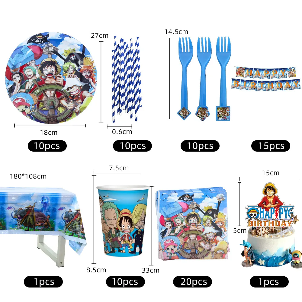 ONE PIECE Party Tableware Luffy Pltae Cup Balloon Banner Cake Topper Boy Birthday