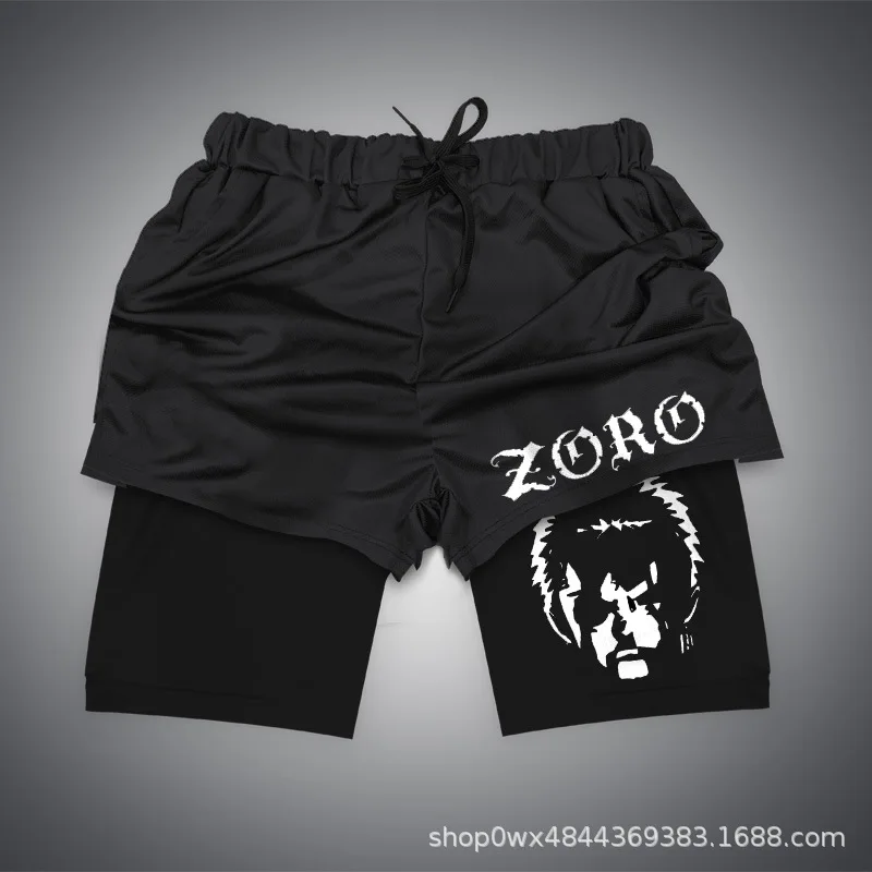 Anime Bilayer Gym Shorts Men One Piece Luffy Zoro3D Pattern Print 2 In 1 Quick Dry Breathable Sports Training Compression Shorts