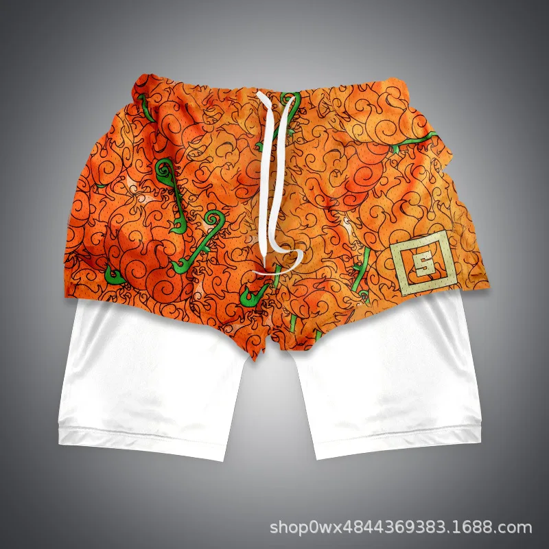 Anime Bilayer Gym Shorts Men One Piece Luffy Zoro3D Pattern Print 2 In 1 Quick Dry Breathable Sports Training Compression Shorts