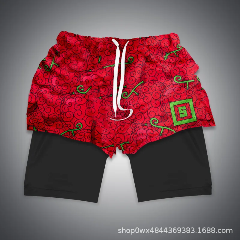 Anime Bilayer Gym Shorts Men One Piece Luffy Zoro3D Pattern Print 2 In 1 Quick Dry Breathable Sports Training Compression Shorts