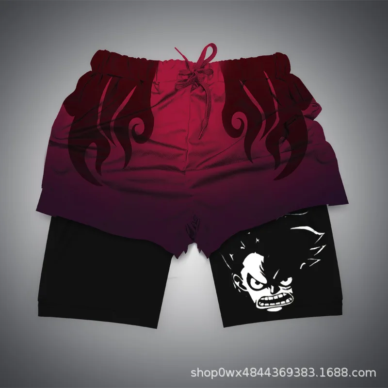 Anime Bilayer Gym Shorts Men One Piece Luffy Zoro3D Pattern Print 2 In 1 Quick Dry Breathable Sports Training Compression Shorts